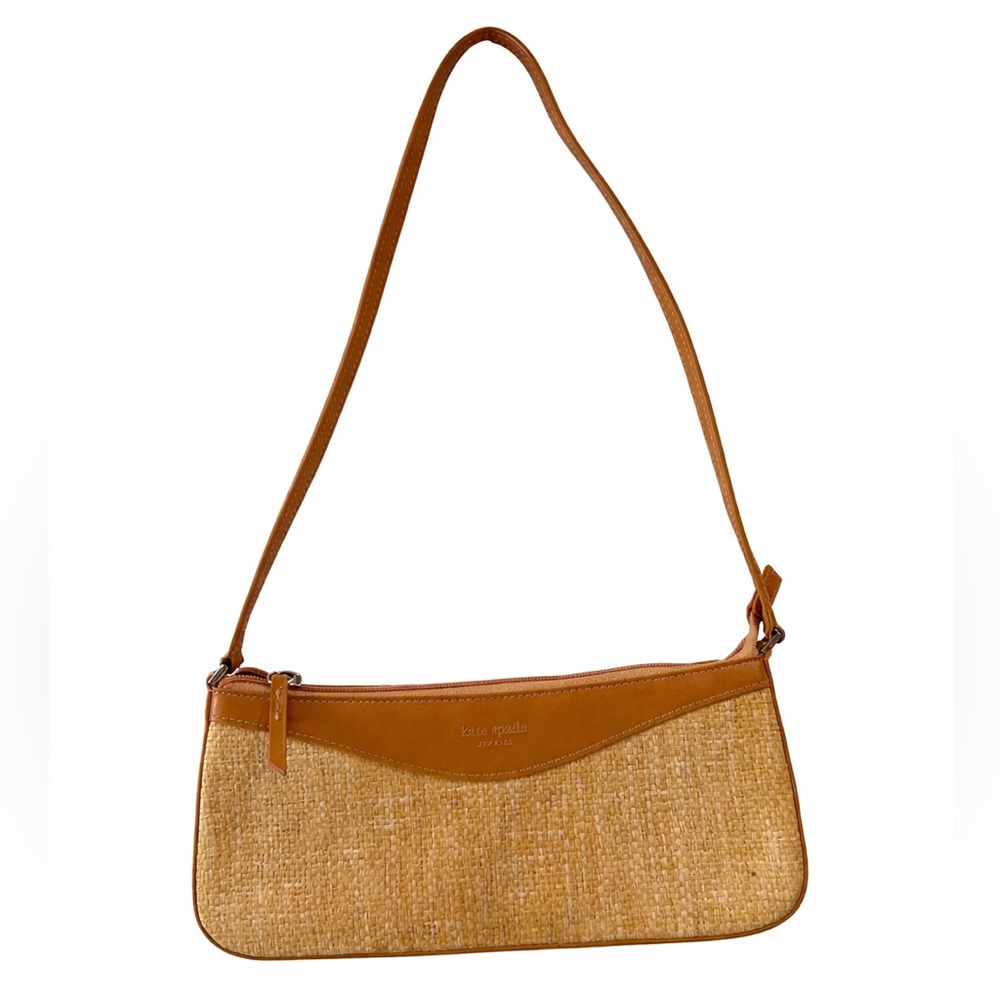 Kate Spade Rattan Straw Shoulder Bag Tan Leather Trim Zip Top